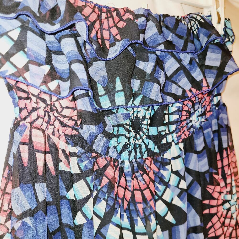 Theme blue geometric mosaic print strapless maxi dress Size Med Artsy Boho - Picture 6 of 7